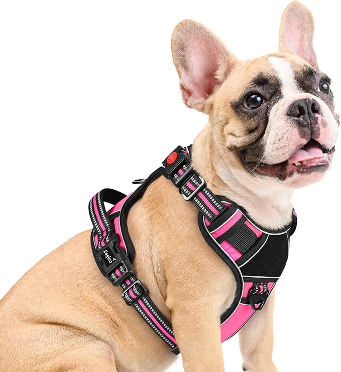 Eagloo Dog Harness Medium Sized, Easy Wearing with 3 Buckles, Adjustable No Pull Pet Harness with 2 Rings for Walking, No Chock Reflective Soft Padded Vest with Control Handle, Pink & Black, M-PurrikoPets