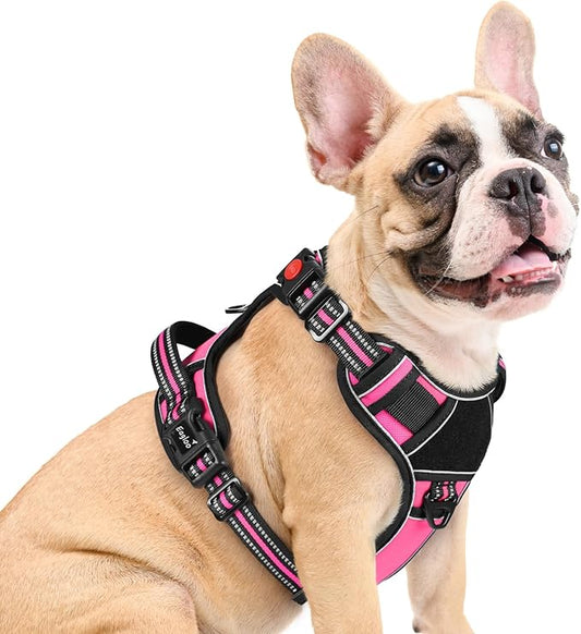 Eagloo Dog Harness Medium Sized, Easy Wearing with 3 Buckles, Adjustable No Pull Pet Harness with 2 Rings for Walking, No Chock Reflective Soft Padded Vest with Control Handle, Pink & Black, M-PurrikoPets