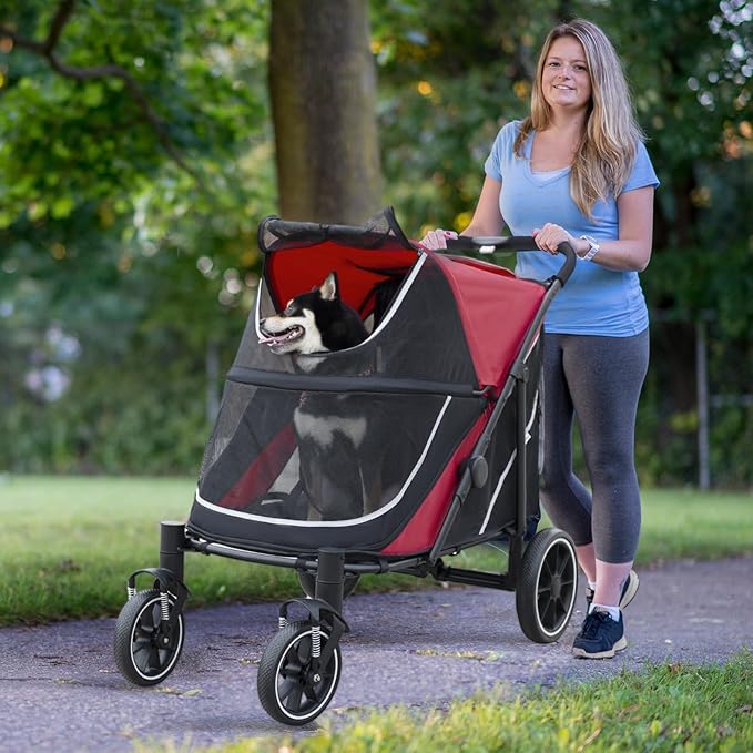 Dog Stroller for Medium/Large Dogs One-Click Folding, Extra Large Pet Stroller for 2 Dogs with Storage Pocket & Shock Absorption, Up to 130 lbs, Red-PurrikoPets