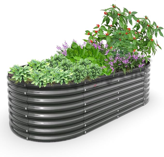 A ANLEOLIFE 8X4X2 ft Galvanized Raised Garden Beds Outdoor, Oval Large Metal Deep Root Planter Box for Planting Vegetables Flowers Herb, Anti-Rust & Easy-Setup, Quartz Grey-PurrikoPets