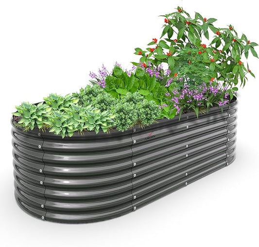 A ANLEOLIFE 8X4X2 ft Galvanized Raised Garden Beds Outdoor, Oval Large Metal Deep Root Planter Box for Planting Vegetables Flowers Herb, Anti-Rust & Easy-Setup, Quartz Grey-PurrikoPets