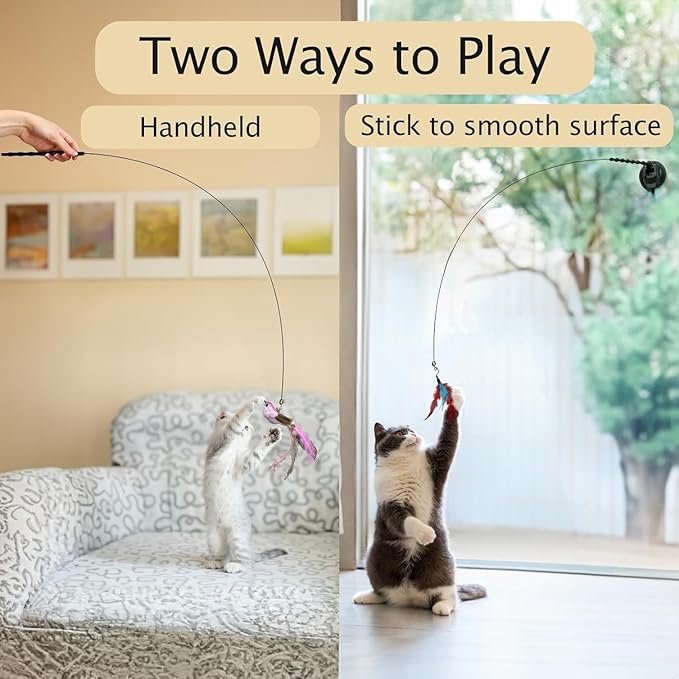 22Pcs 5-in-1 Cat Toys Interactive Cat Toy for Indoor Cats with Sticky Super Suction Cup Detachable Replacements Feathers Balls Mice Spring 3 Wand Hanging Door Kitten Toys-PurrikoPets