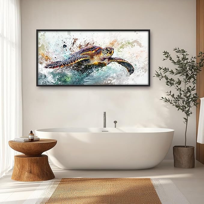 Extra Large Framed Sea Turtle Wall Art,Oversized Abstract Colorful Sea Nautical Wall Decor Pictures for Living Room,Canvas Print Painting Modern Artwork Bedroom Office Bathroom Home Decor 60L x30W-PurrikoPets