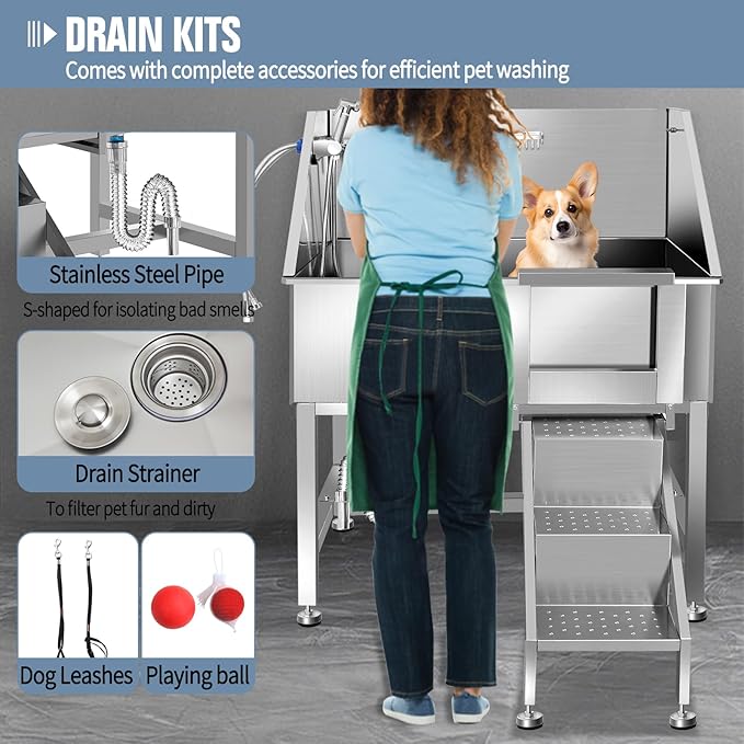 38"" Pet Dog Bathing Station W/Ramp, Professional Stainless Steel Dog Grooming Tub W/Soap Box, Faucet,Rich Accessory, Dog Bathtub for Large,Medium,Small Pets, Washing Sink for Home,R-RAMP-PurrikoPets