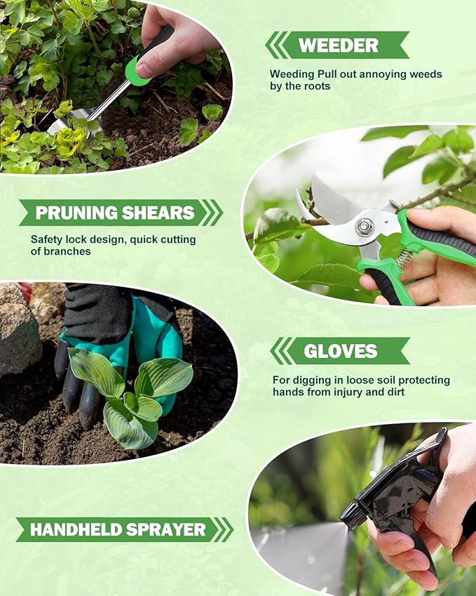 Garden Tools Set, 8 in 1 Heavy Duty Garden Tools Kit, Stainless Steel Ergonomic Gardening Hand Tool with Upgraded Bag, Gardening Supplies Gift for Women, Kid, Organizer-PurrikoPets