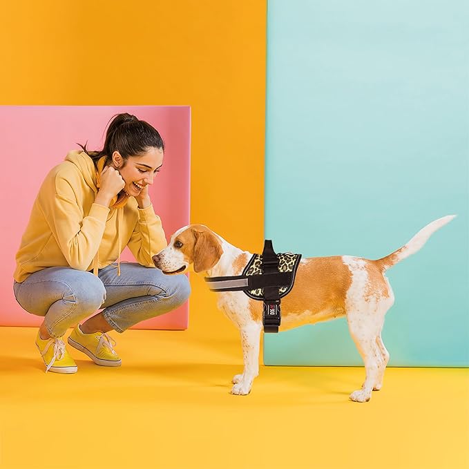 Dogline Dog Harness, Reflective No-Pull Adjustable Vest with Handle for Walking, Training, Breathable, No - Choke Harness for Small, Medium or Large Dogs Room for Patches Leopard Brown S 18"-24"-PurrikoPets