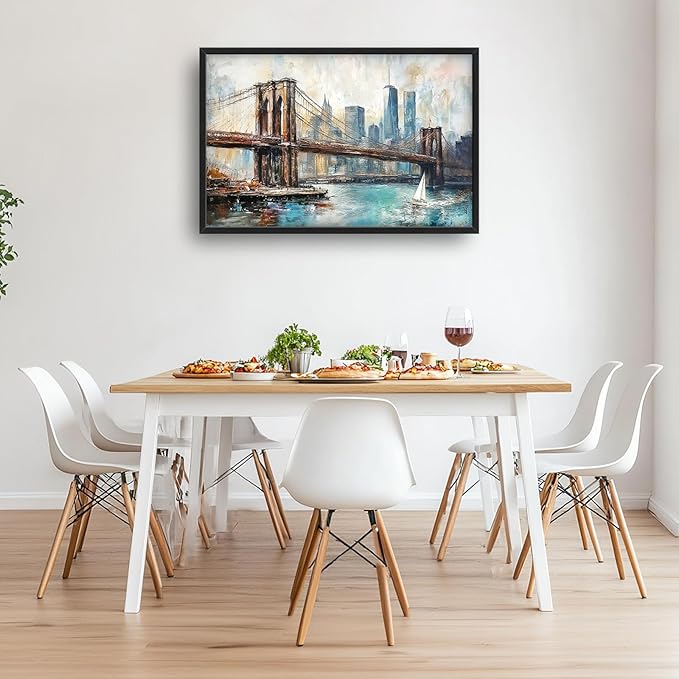 Extra Large Framed Brooklyn Bridge Wall Art,New York City Wall Decor,Abstract Skyline Cityscape Pictures for Living Room,Canvas Print Painting Modern Artwork Bedroom Office Bathroom 36L x24W-PurrikoPets