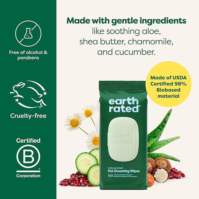 Earth Rated Pet Wipes for Dogs and Cats, Hypoallergenic, 3-in-1 Cleaning, Deodorizing and Hydrating, for Grooming Paws, Body and Butt, New White Tea and Basil Scent, 100 Count-PurrikoPets
