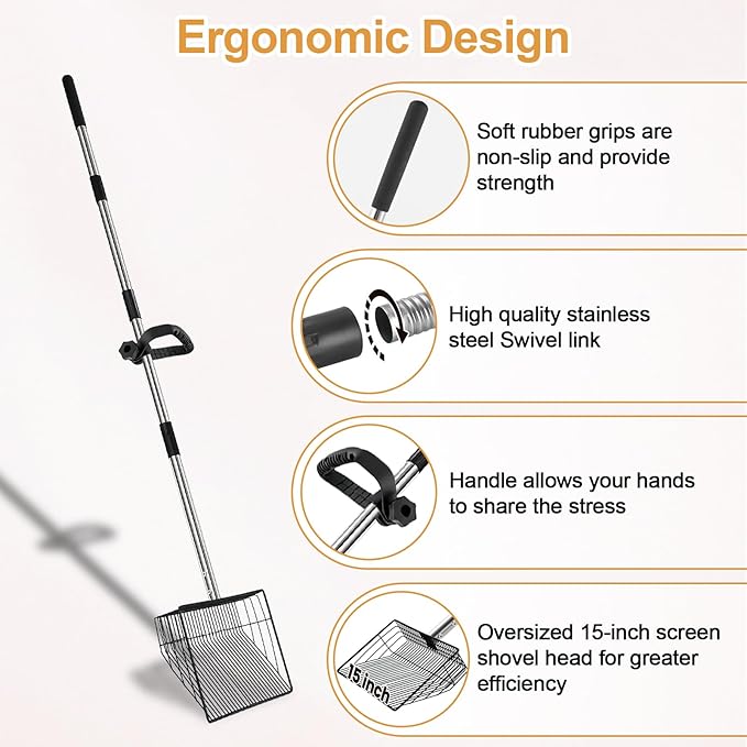 15" Chicken Poop Scooper & Rake, Metal Chicken Coop Scoop for Poop with 24 to 68" Adjustable Stainless Steel Handle, Litter Scooper Sifting Shovel Chicken Coop Accessories-PurrikoPets