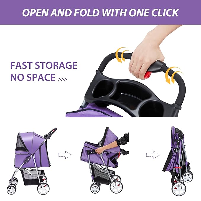 4 Wheels Pet Stroller for Small Medium Dogs Cats 10-33 lbs, Foldable Dog and Cat Stroller with Cup Holder & Storage Basket & Breathable Mesh, Pet Strolling Cart for All-Season, Purple-PurrikoPets