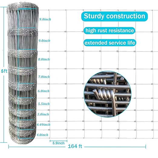 Farm Fence 5x164FT, Galvanized Wire Fencing, Zinc Coated Cattle Fences Used to Hog Goat Fencing for Yard Garden and Field-PurrikoPets