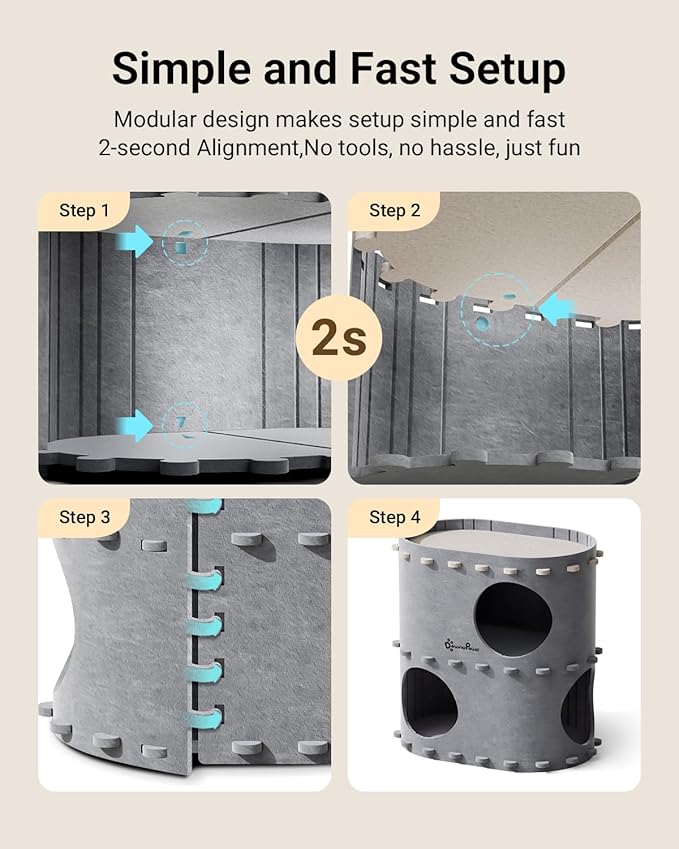 DownyPaws Cat House for Indoor Cats, 2-Storey Foldable Cat Bed Cave, Felt Cats Tunnel Bed Condo, Castle Kitten Cube Hideaway for Multicats, Scratch Resistant, Light Gray-PurrikoPets