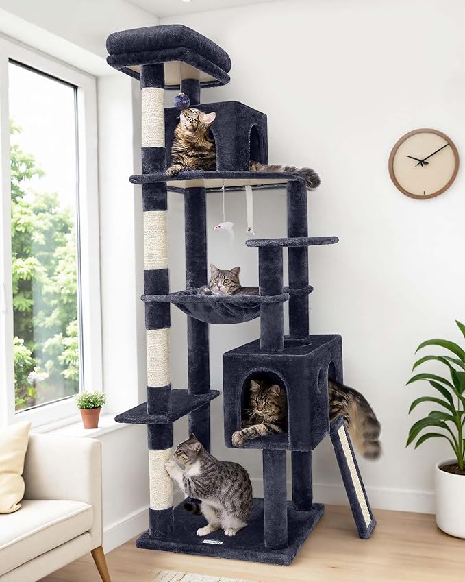 Globlazer Heavy Duty Cat Tree, 70 inch Sturdy Cat Tree for Indoor Cats Extra Large Cat Tower with Scratching Post, Hammock, Cat Condo for Adult Cats Kittens, F70 Pro, Dark Grey-PurrikoPets