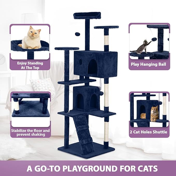 70 Inches Multi-Level Cat Tower for Indoor Cats - XL Tree Climbing Condo With Scratching Posts and Hanging Toys, Navy Blue-PurrikoPets