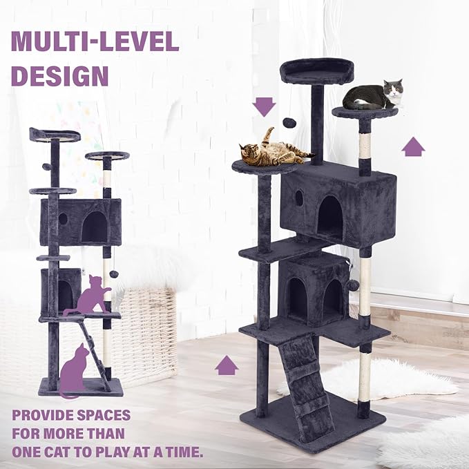 70 Inches Cat Tower for Indoor Cats, Multi-Level Cat Condos with Scratching Posts, Hanging Toys, Ashy-PurrikoPets