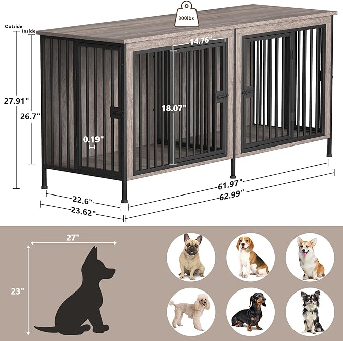 EasyCom 63" Dog Cage Furniture for 2 Pets with Divider, XL Wooden Double Dog Crate Furniture TV Stand for Mideum Breed, Durable and Sturdy-PurrikoPets