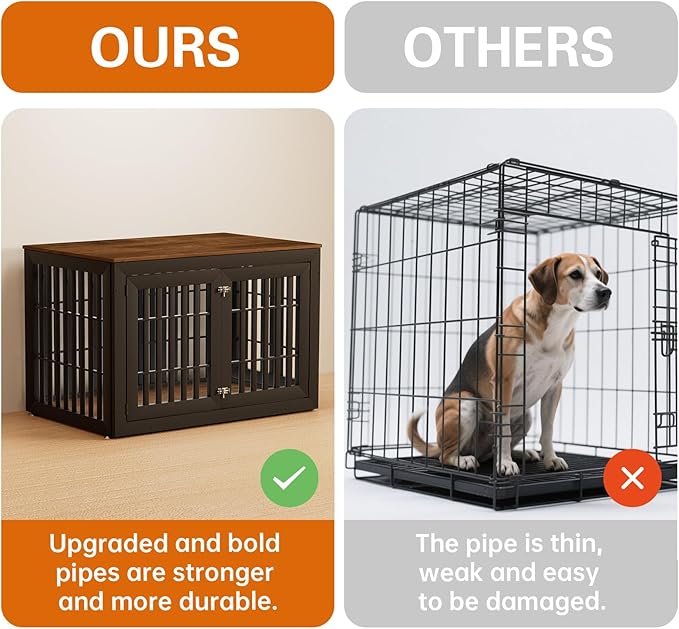 48" Heavy Duty Dog Crate Furniture for Small,Medium and Large Dogs,Rustic Wooden Dog Cage Kennel Indoor Furniture with Waterproof Top,Decorative Pet House Side End Table (Black & Wood)-PurrikoPets