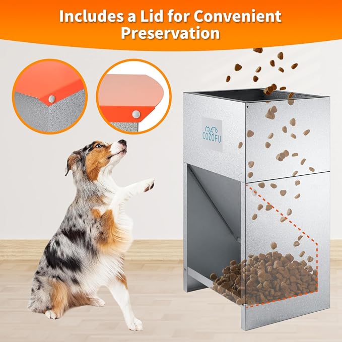 Dog Feeder - Galvanized Metal Pet Food Station for Indoor & Outdoor Use - Automatic Gravity-Fed Dispenser Suitable for Small, Medium, and Large Dog Breeds - Capacity: 25 Pounds of Dry Kibble-PurrikoPets