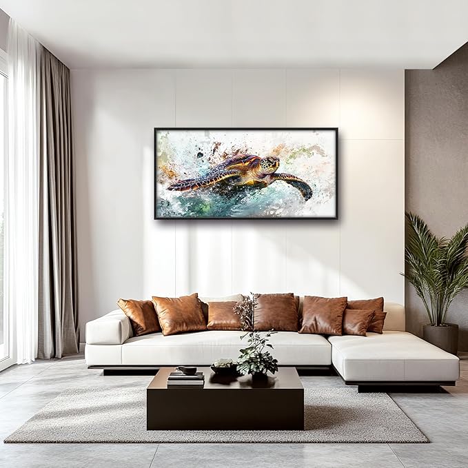 Extra Large Framed Sea Turtle Wall Art,Oversized Abstract Colorful Sea Nautical Wall Decor Pictures for Living Room,Canvas Print Painting Modern Artwork Bedroom Office Bathroom Home Decor 60L x30W-PurrikoPets