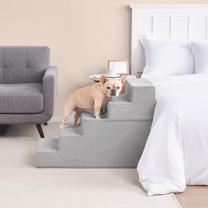 EHEYCIGA Dog Stairs for High Bed 25" H, 5-Step Extra Wide Dog Steps for Bed, Pet Steps for Small Dogs and Cats, Non-Slip Balanced Pet Ramp Indoor, Light Grey-PurrikoPets
