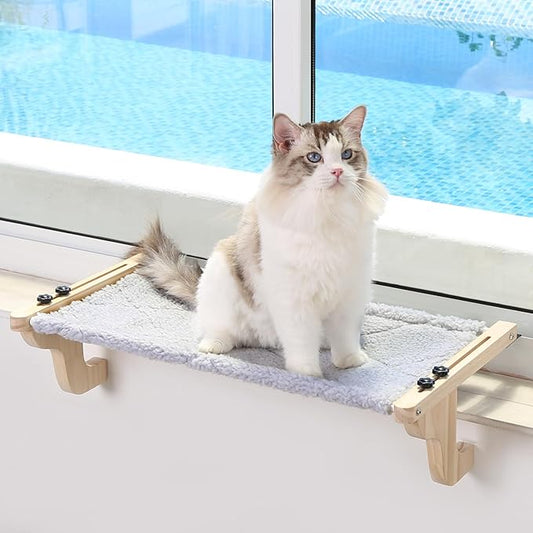 Easy Seat Cat Perch for Window Sill - Hammock Design w/Pine Wood & Robust Metal Frame - Cat Window Seat for Large Cats and Kittens (Natural Color Wood w/Gray Bed, Large (26''W x 14''D))-PurrikoPets