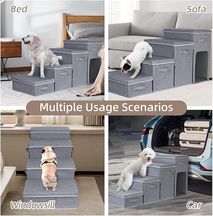 Dog Stairs with Storage, Folding Pet Steps with Zip for Small Dogs and Cats, 4-Step Pet Stairs with Pet House for High Bed, Couch and Car Ramp (Gray, 4 Steps with Condo)-PurrikoPets