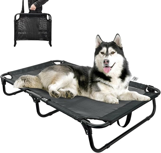 Elevated Dog Bed, Foldable Raised Dogs Bed Outdoor Dog Cots Beds for Large Dogs Cooling Outside Camping Chew-Proof No Assembly Need, Black-PurrikoPets