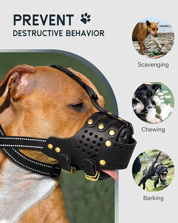 Dog Muzzle, Leather Basket Soft Muzzles Medium Large Breeds, Pitbull Dog Muzzle Amstaff Staffordshire Terrier, German Shepherd Dalmatian Doberman Adjustable (XL)-PurrikoPets