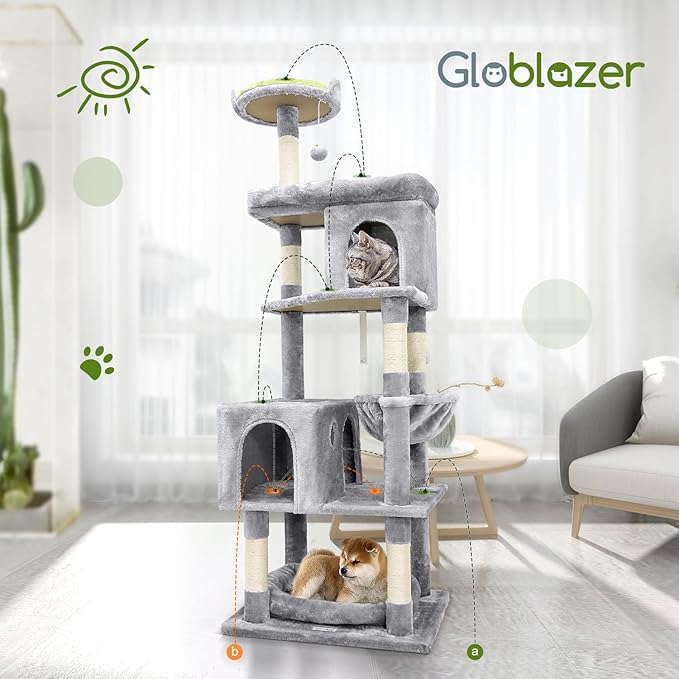 Globlazer Heavy Duty Cat Trees for Large Cats, Sturdy 72in Maine Coon Cat Tree for Large Cats 20 lbs+ Heavy Duty Cat Tower for Adult Biggest Cat with 6 Scratching Posts, Hammock, S72, Light Grey-PurrikoPets