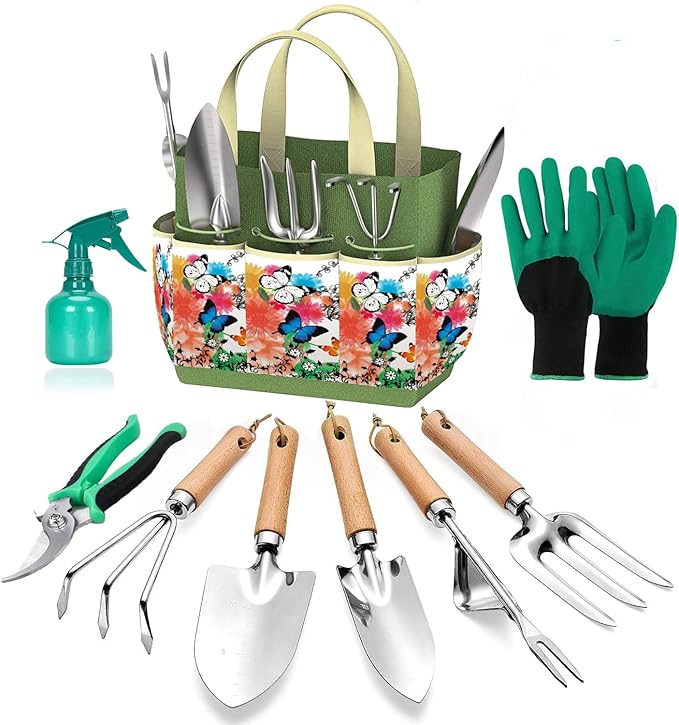 Gardening Tools Set of 9 - Complete Heavy Duty Garden Tools Set with Fashion Handbag - Durable Gardening Supplies Kit Ideal Gifts for Women-PurrikoPets