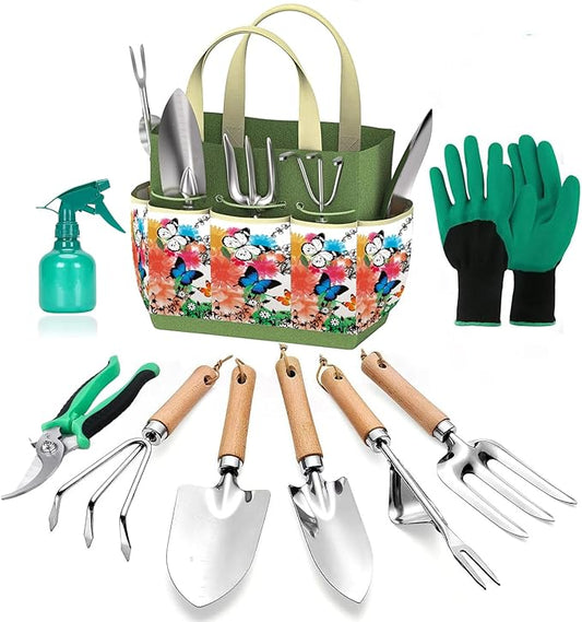 Gardening Tools Set of 9 - Complete Heavy Duty Garden Tools Set with Fashion Handbag - Durable Gardening Supplies Kit Ideal Gifts for Women-PurrikoPets