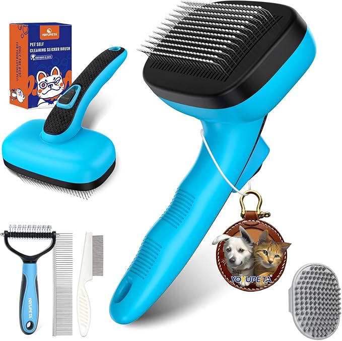 5 PCS Dog Grooming Brush Kit – Self Cleaning Slicker Brush for Shedding Short & Long Haired Dogs & Cats. Removes Loose Fur, Undercoat, Mats, Tangles. Suit for Small, Medium & Large Pets. Blue-PurrikoPets