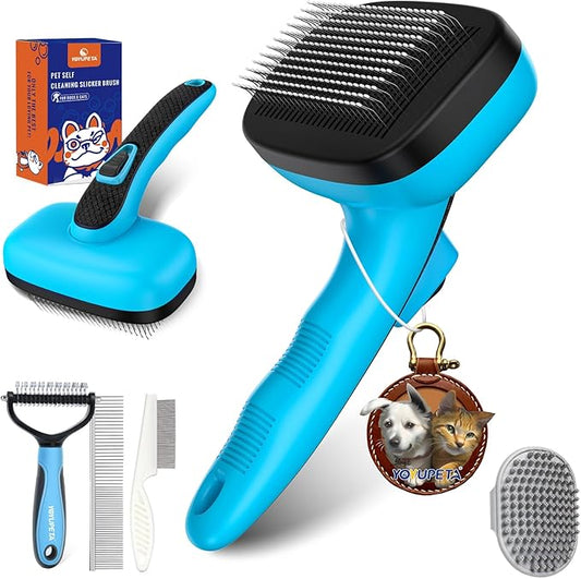 5 PCS Dog Grooming Brush Kit – Self Cleaning Slicker Brush for Shedding Short & Long Haired Dogs & Cats. Removes Loose Fur, Undercoat, Mats, Tangles. Suit for Small, Medium & Large Pets. Blue-PurrikoPets