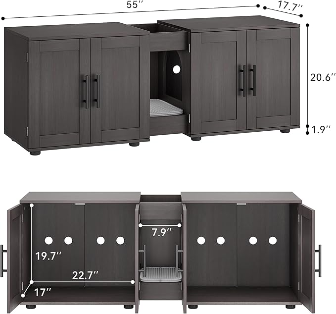 Gaomon Litter Box Enclosure with Double Room,Cat Hidden Litter Box Enclosure Furniture for 2 Cats with Double Room, 55”L x 17.7”W x 22.5”H Cat House,Wooden Enclosed Cat Litter Box Furniture,Walnut-PurrikoPets