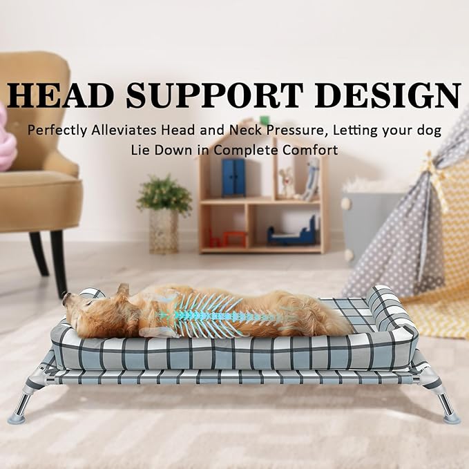 Elevated Raised Dog Bed Cot - Cooling Raised Dog Bed with Bolster Portable Washable Pet Hammock with Pillows & Metal Frame for Indoor & Outdoor, Large-PurrikoPets