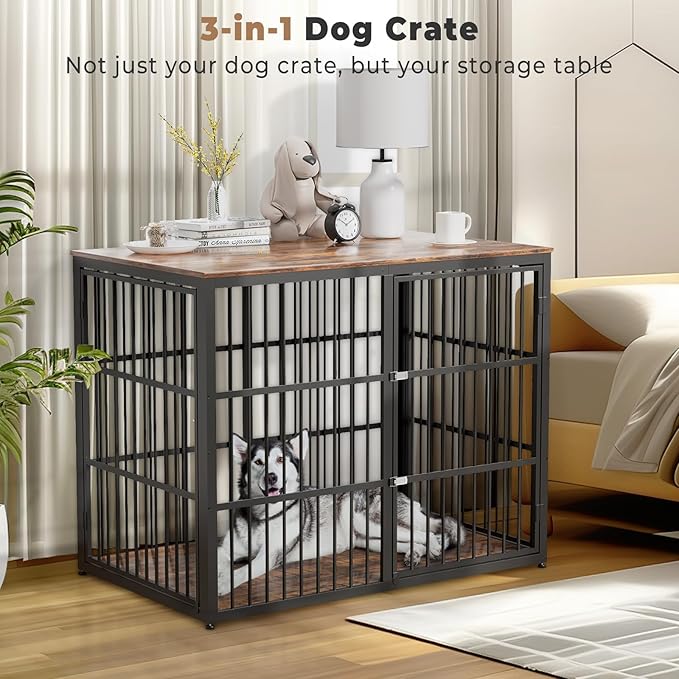 48'' XXL Dog Crate Furniture with 3 Doors,Wooden Crate End Table Heavy Duty Indoor Combination Cage for Medium to Large Dogs, Multiple Units Can be Combined-PurrikoPets