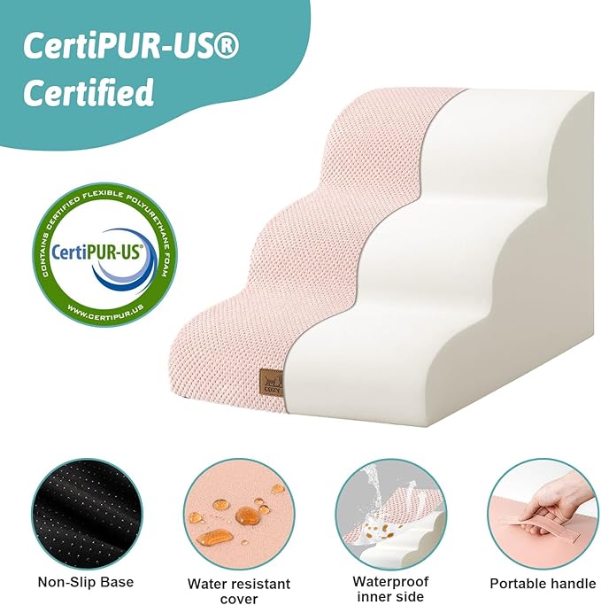 Dog Stairs for Small Dogs 15.7" H, Curved Dog Step for Puppy, Older Cat, Medium Pet Ramp for Sofa, Couch or Bed, Ladder with High Density Foam, 15.7x22.4x15.7 inch, 3 Step, Pink-PurrikoPets
