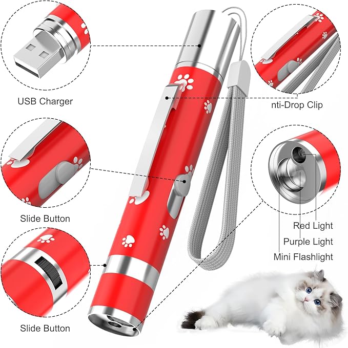 EAWONGEE Cat Toys Rechargeable, Indoor Cats Chase Light, Interactive for Kitty Pet Dog with 3 Light Modes 5 Patterns, Red-PurrikoPets
