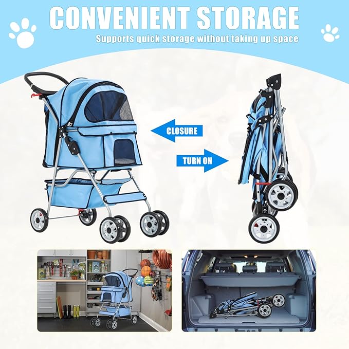 Dog Stroller, Folding 4 Wheels Pet Stroller for Small Medium Dog Cat Travel Carrier with Weather Cover Storage Basket Cup Holders Blue-PurrikoPets