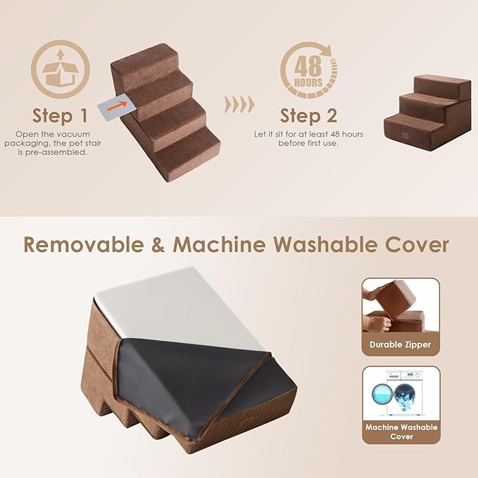 EHEYCIGA Dog Stairs for Small Dogs 13.5" H, 3-Step Dog Steps for Couch Sofa and Chair, Pet Steps for Medium Cats, Non-Slip Balanced Pet Ramp Indoor, Brown-PurrikoPets