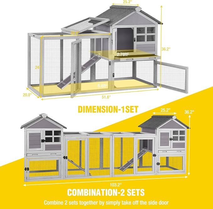 Aivituvin Rabbit Hutch Indoor Bunny Cage Outdoor with Run Chicken Coop Guinea Pig House with Waterproof Asphalt Roof,No Leakage Pull Out Tray-PurrikoPets