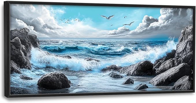 Extra Large Framed Abstract Sea Ocean Wall Art,Black and White Wall Decor, Coastal Seashore Pictures for Living Room,Canvas Print Painting Modern Artwork Bedroom Office Bathroom 60L x 30W-PurrikoPets