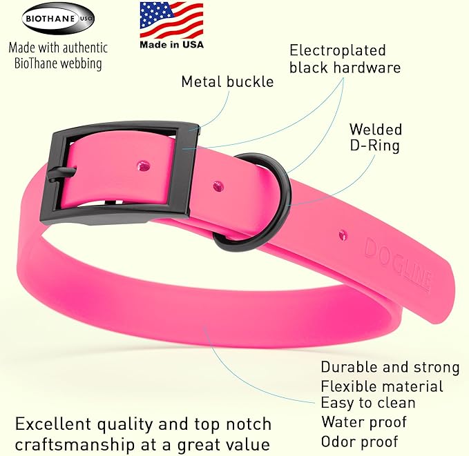 Dogline Biothane Waterproof Dog Collar Strong Coated Nylon Webbing with Black Hardware Odor- Proof for Easy Care Easy to Clean High Performance Fits Small Medium or Large Dogs, Passionfruit Pink-PurrikoPets