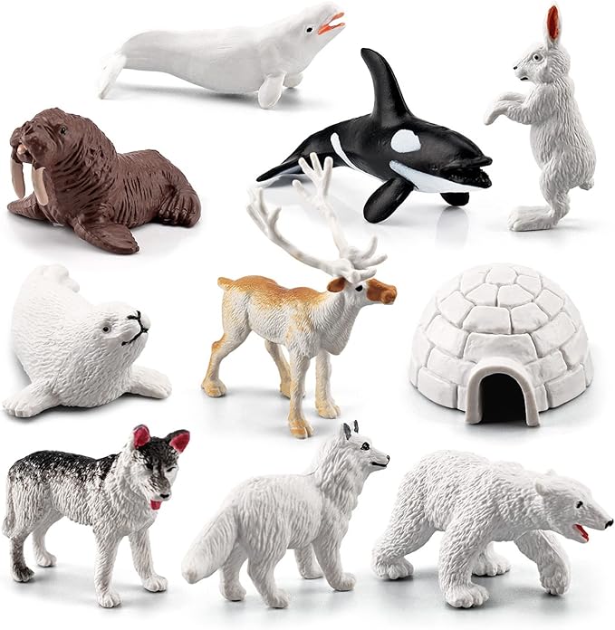 10 PCS Arctic Animals Figures, Polar Animals Figurines for Diorama School Project, Arctic Tundra Animal Toys Set with Polar Bear Deer Arcitc Fox Wolf-PurrikoPets