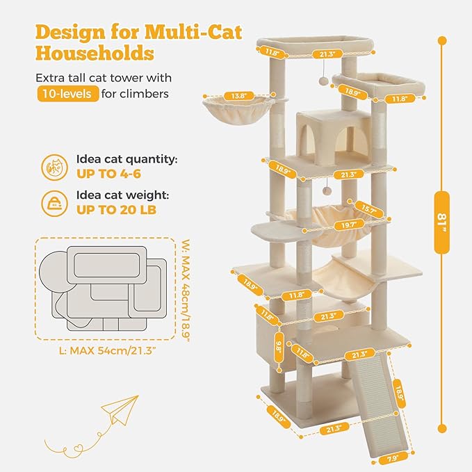 81" Heavy Duty Cat Tree for Large Cats up to 20lbs - Extra Tall Cat Tower with Metal Frame Hammock, 6 Sisal Scratching Posts, 2 Perches - Indoor Cat Furniture for Maine Coon, Big Cats, Beige-PurrikoPets