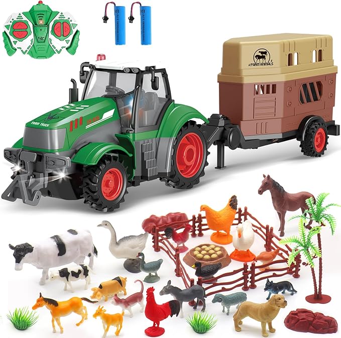 fisca Remote Control Tactor Toy Set & 33PSC Farm Vehicle Playset - Animal Figurines ,2.4GHz 1/24 Scale RC Tractor,Livestock Trailer, Fence with Light for Kids Age 4, 5, 6, 7 and Up Years Old-PurrikoPets