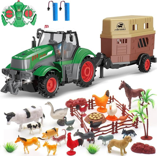 fisca Remote Control Tactor Toy Set & 33PSC Farm Vehicle Playset - Animal Figurines ,2.4GHz 1/24 Scale RC Tractor,Livestock Trailer, Fence with Light for Kids Age 4, 5, 6, 7 and Up Years Old-PurrikoPets