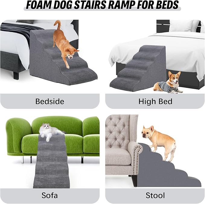 Dog Stairs&Steps for High Beds Up to 28'', 5-Step Dog Ramp for Small Medium Dogs with Washable Cover, Non-Slip Steps for Cats to Get on Couch and Sofa, Durable Foam Ladders, 24.4" Tall, Grey-PurrikoPets