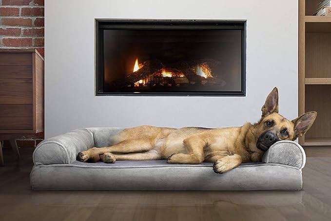 Furhaven Orthopedic Dog Bed for Large Dogs w/ Removable Bolsters & Washable Cover, For Dogs Up to 95 lbs - Faux Fur & Velvet Sofa - Smoke Gray, Jumbo/XL-PurrikoPets