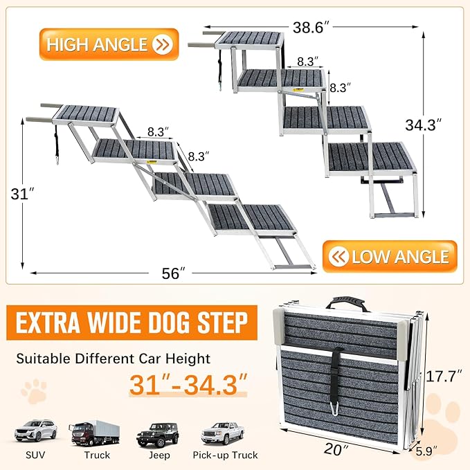 20" Extra Wide Dog Ramp, 4-Step Foldable Pet Stairs with Non-Slip Carpet - Lightweight Aluminum for SUV/Truck/Car & High Beds - Supports Large Dogs up to 200Lbs-PurrikoPets